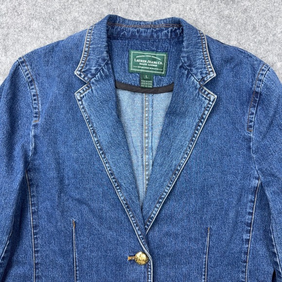 VTG Ralph Lauren Blazer Womens Large Blue Denim Gold Buttons Lauren Jeans Jacket - Picture 3 of 11